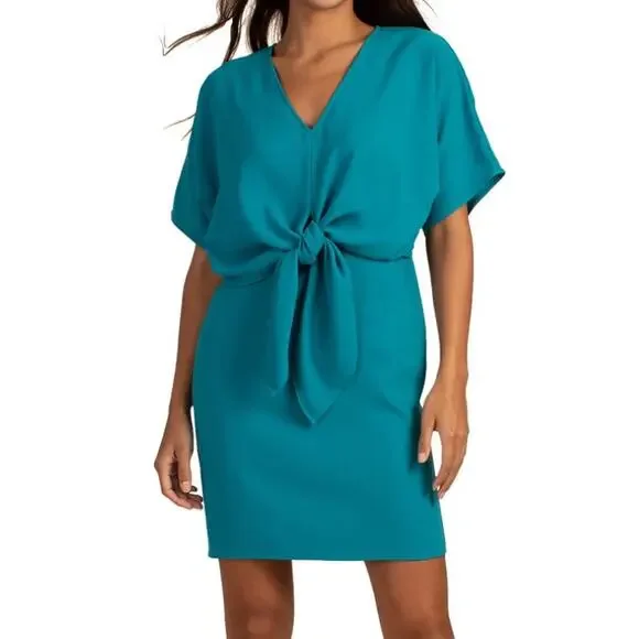Trina Turk Argan Crepe Tie-Front Blouson Dress | Sz S, Bahia Blue NEW - Picture 1 of 4